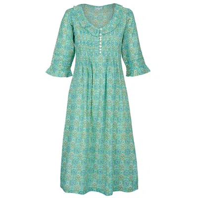 At Last... Women's Blue / Green Cotton Karen 3/4 Sleeve Day Dress In Duck Egg Blue & Green In Multi