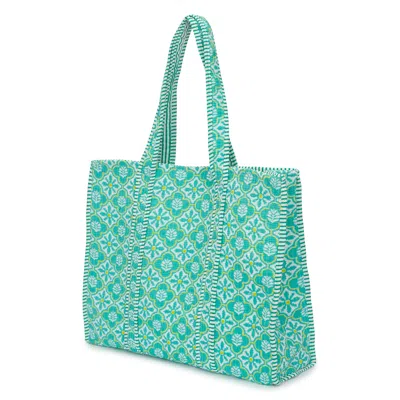 At Last... Women's Blue Large Cotton Tote Bag In Turquoise & White Flower