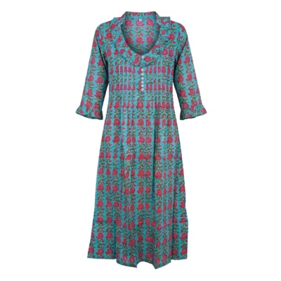 At Last... Women's Blue / Pink Cotton Karen 3/4 Sleeve Day Dress In Summertime In Multi