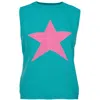 At Last... Women's Blue / Pink / Purple Cashmere Mix Sleeveless Jumper In Turquoise With Pink Star In Blue/pink/purple