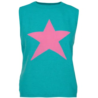 At Last... Women's Blue / Pink / Purple Cashmere Mix Sleeveless Jumper In Turquoise With Pink Star In Blue/pink/purple