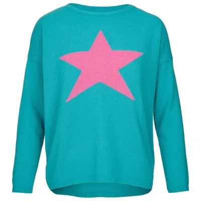 At Last... Women's Blue / Pink / Purple Cashmere Mix Sweater In Turquoise With Pink Star
