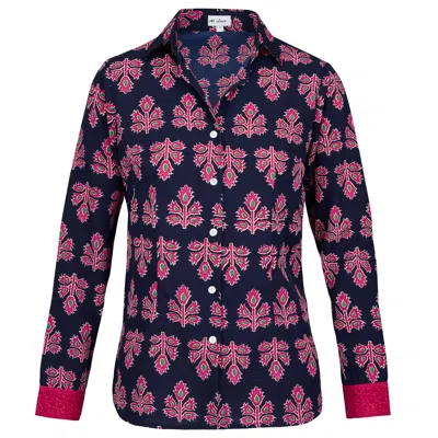 At Last... Women's Blue / Pink / Purple Freya Shirt In Navy & Pink Thistle With Contrast Cuff In Blue/pink/purple