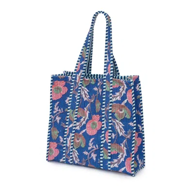At Last... Women's Blue / Pink / Purple Medium Cotton Tote Bag In Royal Blue & Coral Flower