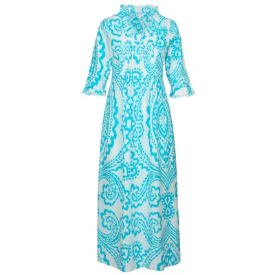 At Last... Women's Blue / White Cotton Annabel Maxi Dress In Turquoise & White Ikat In Blue/white