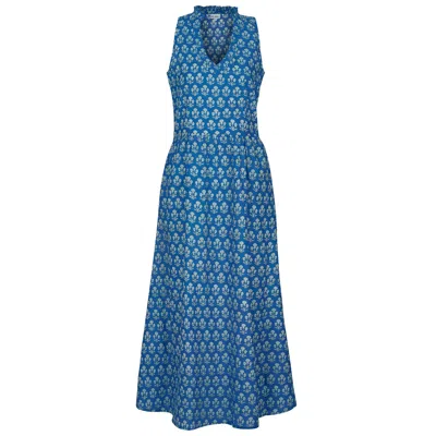At Last... Women's Blue / White Cotton Bali Midi Dress In Royal Blue Berry In Blue/white