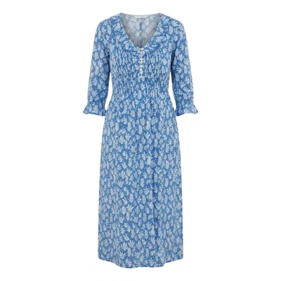 At Last... Women's Blue / White Cotton Karen 3/4 Sleeve Day Dress In Sea Fern In Multi