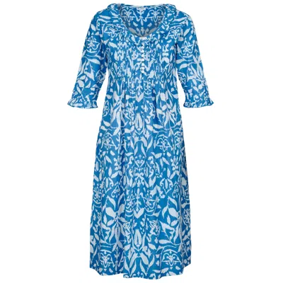 At Last... Women's Blue / White Cotton Karen Long Sleeve Day Dress In Azure Blue & White In Blue/white