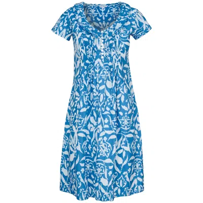 At Last... Women's Blue / White Cotton Karen Short Sleeve Day Dress In Azure Blue & White In Blue/white