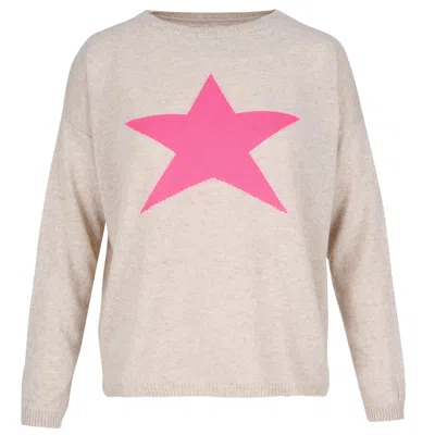 At Last... Women's Cashmere Mix Sweater In Beige With Pink Star In Gray
