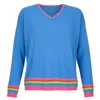 At Last... Women's Cashmere Mix Sweater In Blue With Rainbow Stripe Hem & Cuffs In Blue