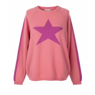 At Last... Women's Cashmere Mix Sweater In Coral With Hot Pink Star & Armstripe