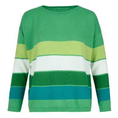 At Last... Women's Cashmere Mix Sweater In Green With Solid Multi Stripes