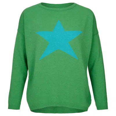 At Last... Women's Cashmere Mix Sweater In Green With Turquoise Star