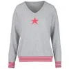 At Last... Women's Cashmere Mix Sweater In Grey With Coral Star & Stripes In Grey