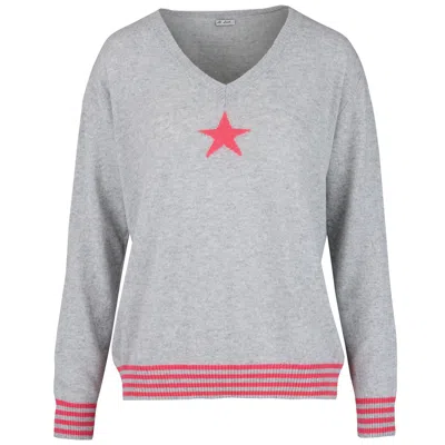At Last... Women's Cashmere Mix Sweater In Grey With Coral Star & Stripes In Gray