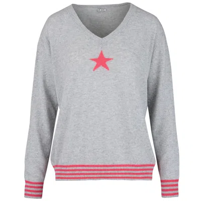 At Last... Women's Cashmere Mix Sweater In Grey With Coral Star & Stripes