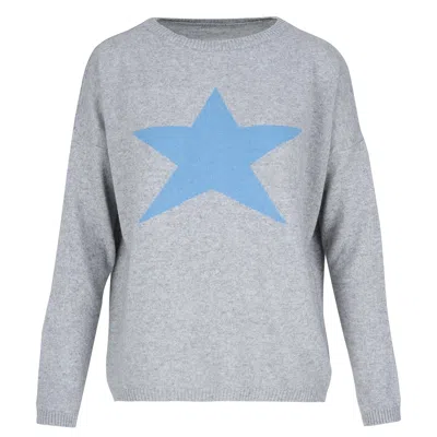 At Last... Women's Cashmere Mix Sweater In Grey With Sky Blue Star In Gray