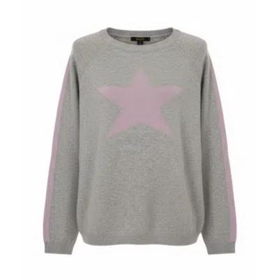 At Last... Women's Cashmere Mix Sweater In Light Grey With Lilac Star & Armstripe In Gray
