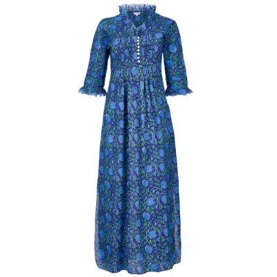 At Last... Women's Cotton Annabel Maxi Dress In Royal Blue With Blue & Green Flower