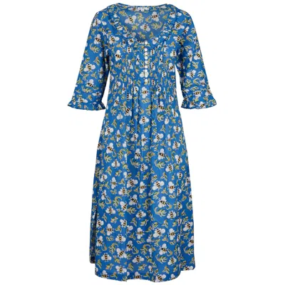 At Last... Women's Cotton Karen 3/4 Sleeve Day Dress In Royal Blue Busy Bee