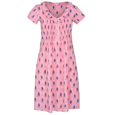 At Last... Women's Cotton Karen Short Sleeve Day Dress In Pink With Blue Leaf