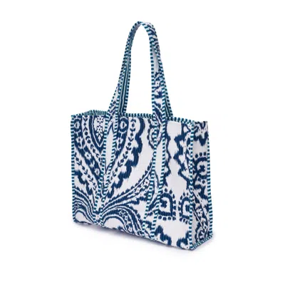 At Last... Women's Cotton Tote Bag In Blue & White Ikat In Metallic