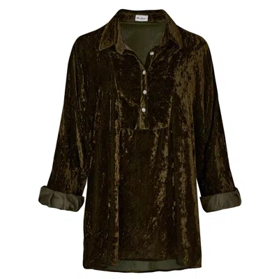 At Last... Women's Green Ava Oversized  Silk Velvet Shirt In Olive