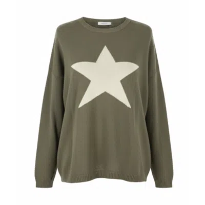 At Last... Women's Green Cashmere Mix Sweater In Khaki With Lemon Star