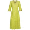 At Last... Women's Green Cotton Rhonda Midi Dress In Lime & White Flower In Green