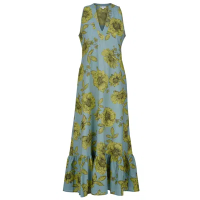 At Last... Women's Green / Grey Cotton Lombock Midi Dress In Lime & Grey In Green/grey