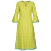 At Last... Women's Green / White Cotton Belle Kaftan Dress In Lime & White Flower In Green/white