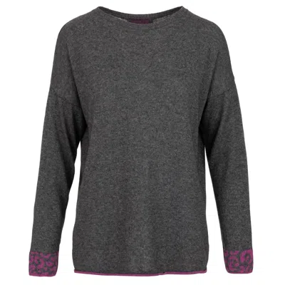 At Last... Women's Grey Cashmere Sweater Charcoal & Hot Pink Leopard Stripe In Gray