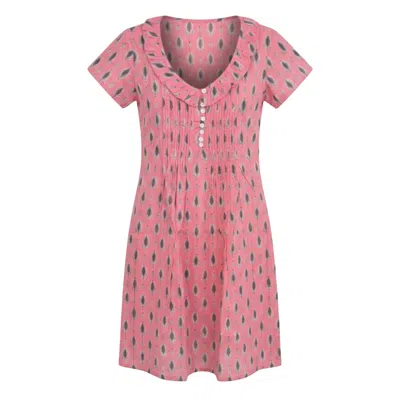 At Last... Women's Grey / Pink Cotton Karen Short Sleeve Day Dress In Pink With Grey Leaf