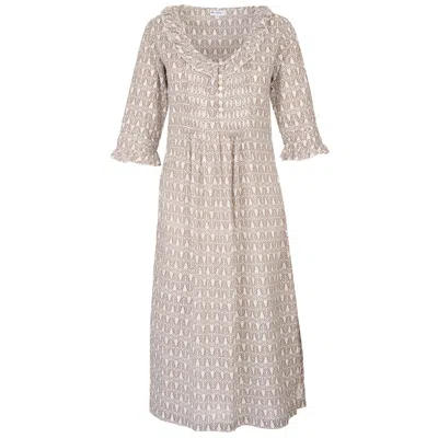 At Last... Women's Neutrals Cotton Karen 3/4 Sleeve Day Dress In Fresh Taupe & White