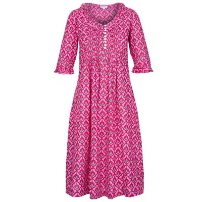 At Last... Women's Pink / Purple Cotton Karen 3/4 Sleeve Day Dress In Pink & Green Moroccan In Pink/purple
