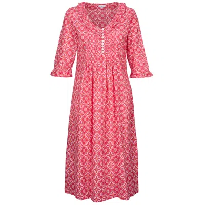 At Last... Women's Pink / Purple Cotton Karen Long Sleeve Day Dress In Coral & White Flower In Pink/purple