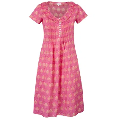 At Last... Women's Pink / Purple Karen Short Sleeve Day Dress In Pink With Orange Flower In Pink/purple