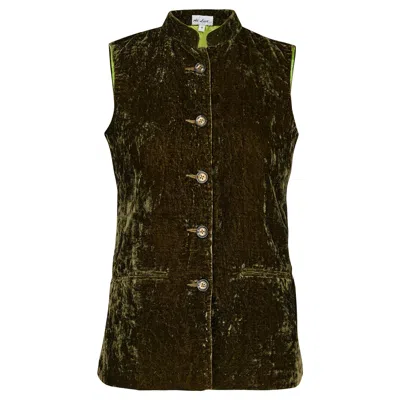 At Last... Women's Short Silk Velvet Waistcoat In Olive Green
