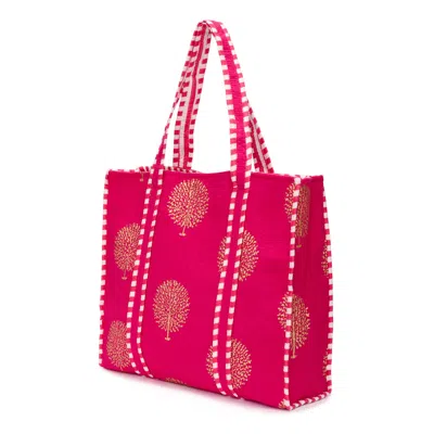 At Last... Women's Yellow Large Cotton Tote Bag In Fuschia & Gold
