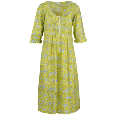 At Last... Women's Yellow / Orange Cotton Karen 3/4 Sleeve Day Dress In Canary Yellow With White & Navy Flower In Yellow/orange