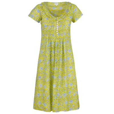 At Last... Women's Yellow / Orange Cotton Karen Short Sleeve Day Dress In Canary Yellow With White & Navy Flowe In Yellow/orange