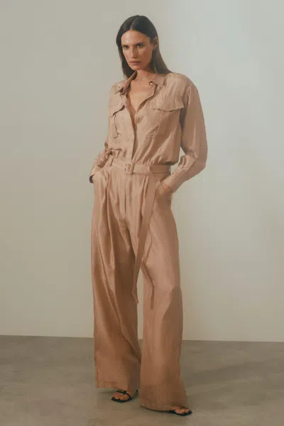 Atelier Belted Wide Leg Jumpsuit In Camel