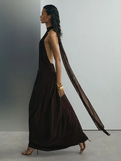 Atelier Chiffon Draped Halterneck Maxi Dress In Brown
