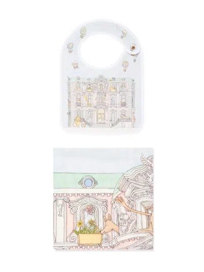 Atelier Choux Animal Building Print Bibs And Blanket Set In Blue