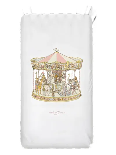 Atelier Choux Carousel-print Satin Fitted Sheet In White