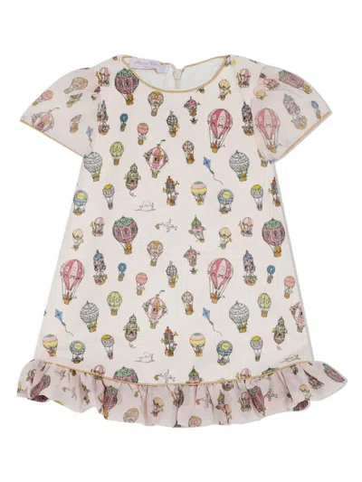 Atelier Choux Babies' Hot Air Ballon-print Velour Dress In Neutrals