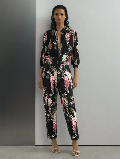Atelier Cotton Floral-print Tapered Black Trousers In Multi