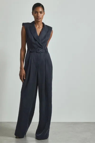 Atelier Cupro Belted Tux Jumpsuit In Navy