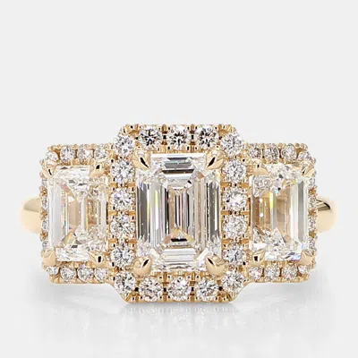 Pre-owned Atelier D' Excellence 3.00 Cts Emerald Halo Lab Grown Diamonds 14k Yellow Gold Three Stone Engagement Ring Eu 54